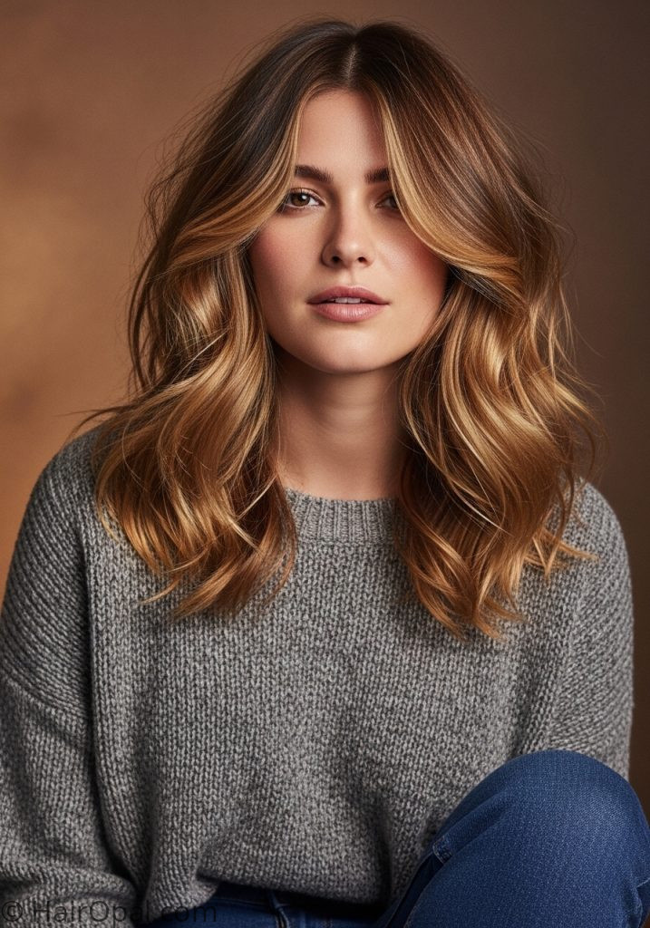 Woman with wavy layered cut medium haircuts for round faces wavy layers