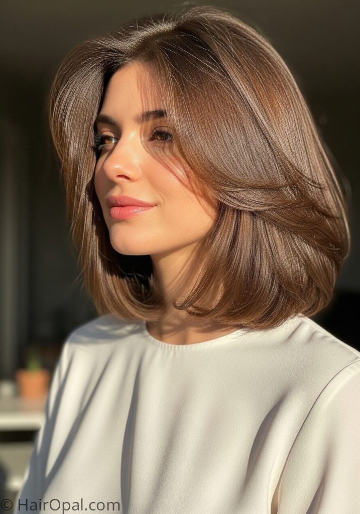 Woman with collarbone length textured thick hair medium haircuts for thick hair shoulder length women