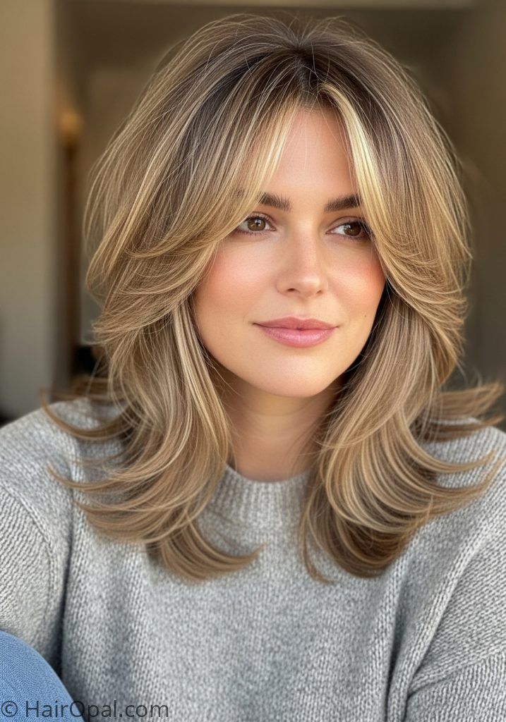 Woman with curtain bangs medium haircuts for thick hair layers straight wavy