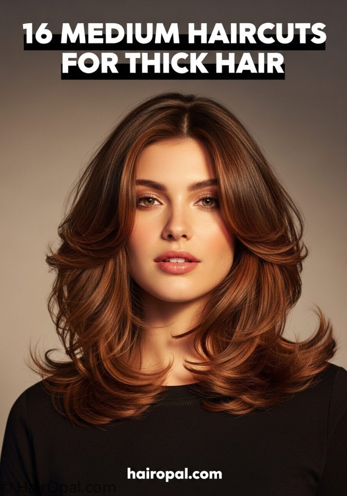 Woman with thick medium layered haircut with text 16 medium haircuts for thick hair