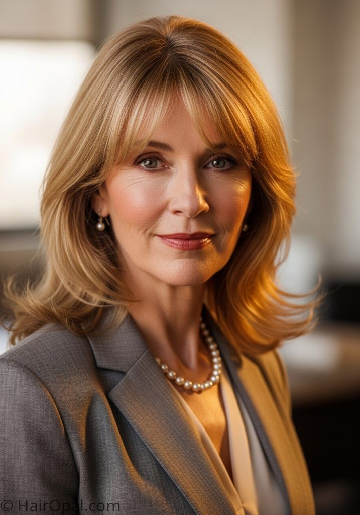 Mature woman curtain bangs layers medium haircuts for thin hair over 50 with bangs fine