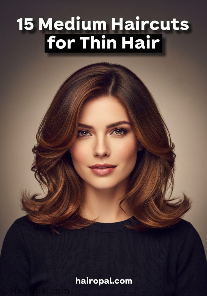 Woman with thin hair medium layered cut with text 15 medium haircuts for thin hair