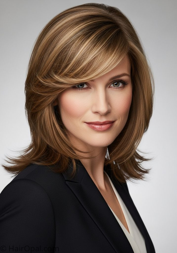 Woman with side swept bangs thin hair medium haircuts for thin hair with bangs layers women