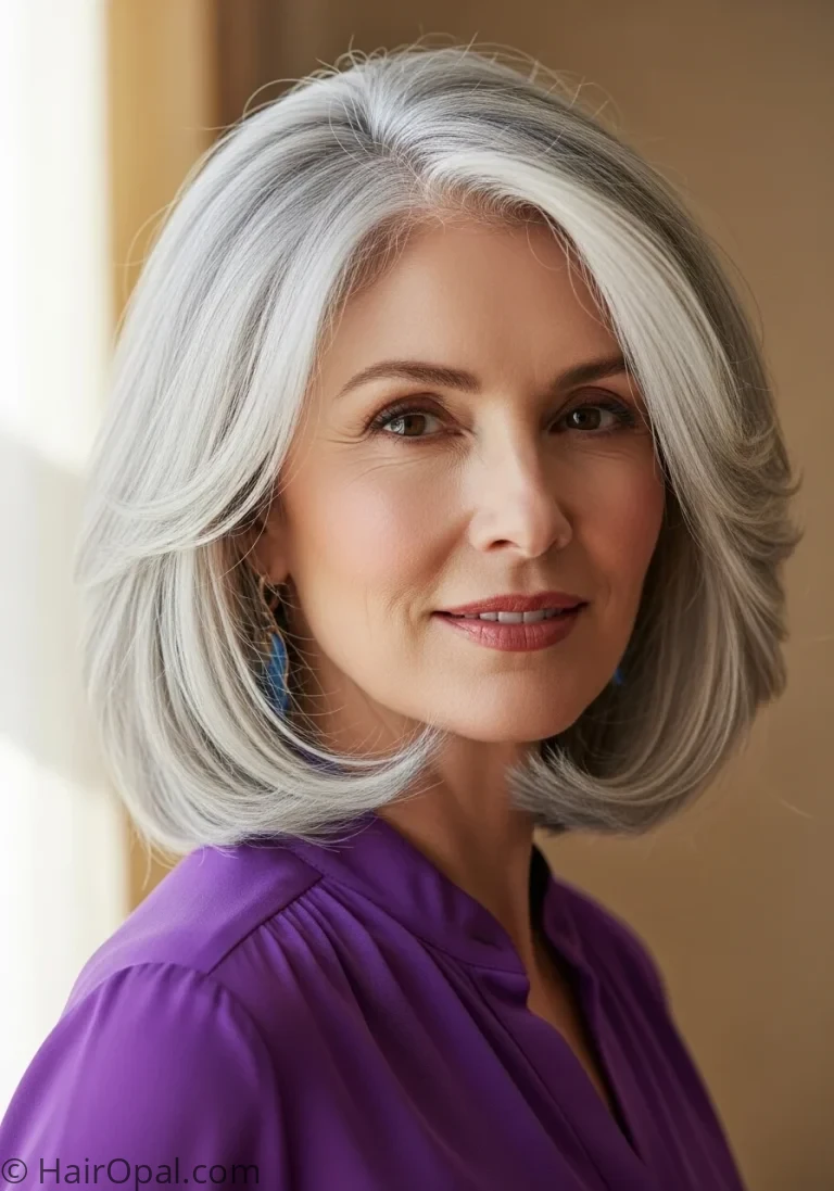 medium haircuts for women over 60 woman with silver layered bob face-framing pieces