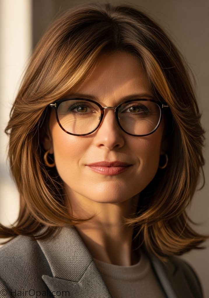 Woman with glasses layered cut medium length haircuts for women over 60 with glasses