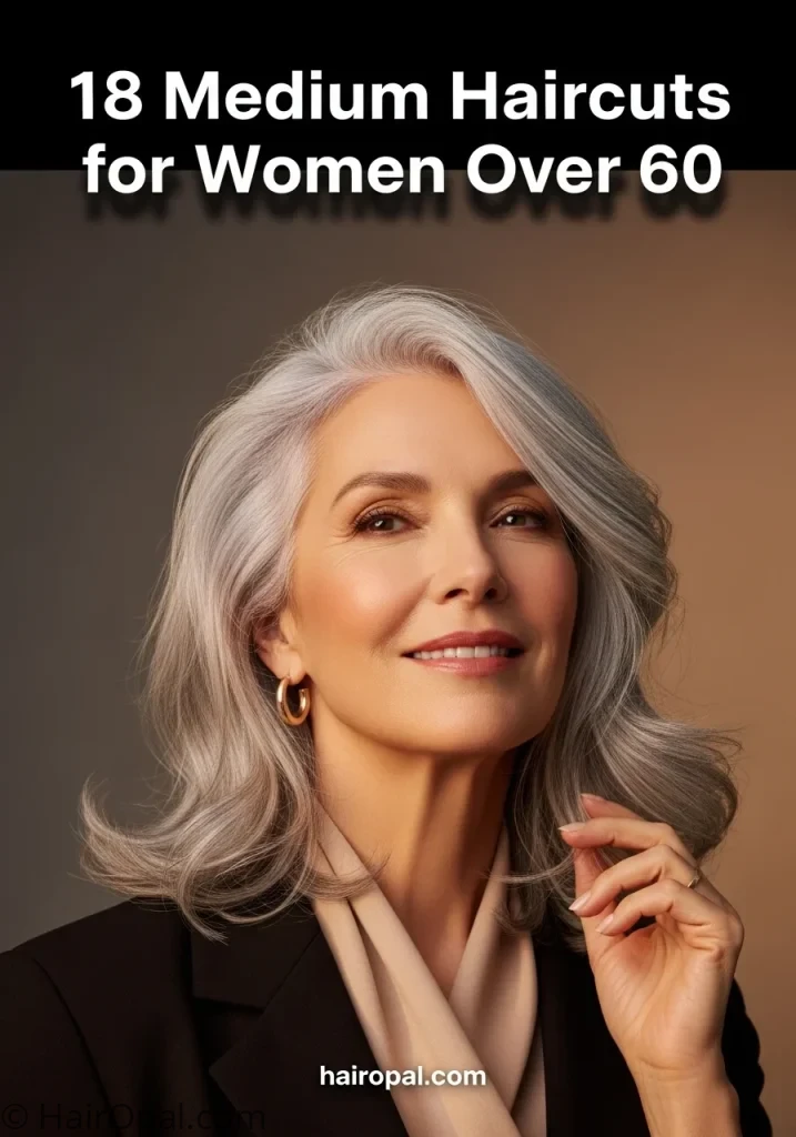 Woman with silver medium layered haircut with text 18 medium haircuts for women over 60