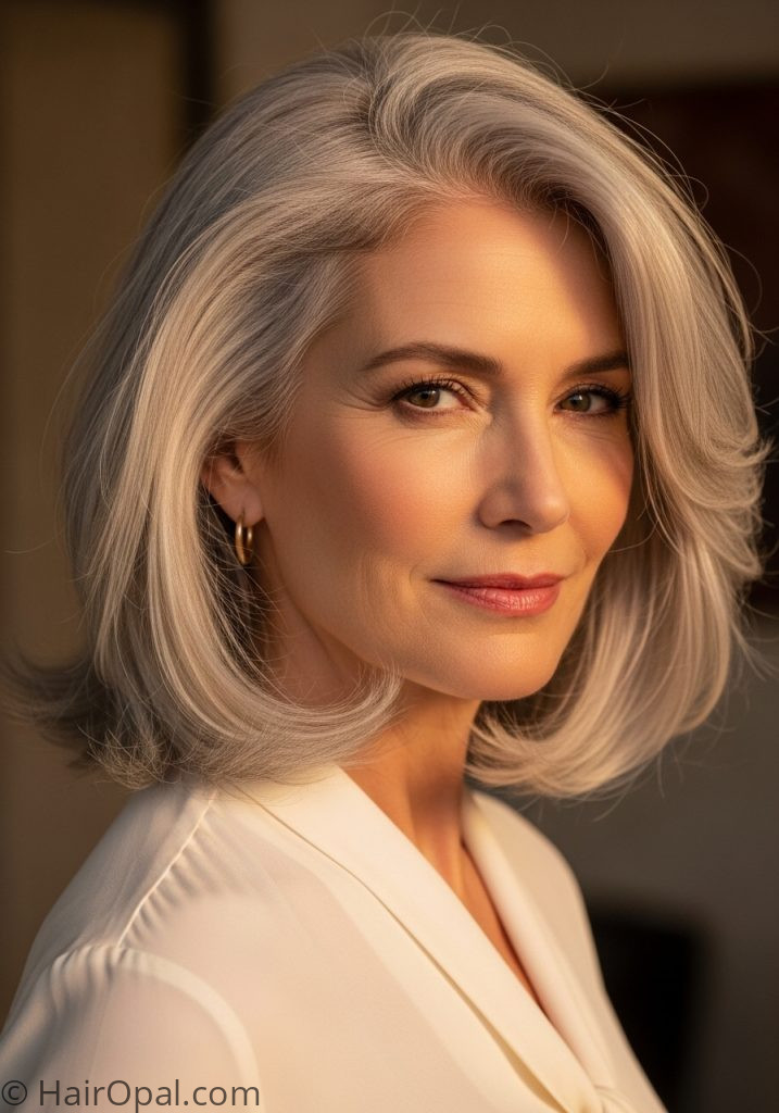  Woman with silver layered bob soft waves medium length haircuts for women over 60 wavy