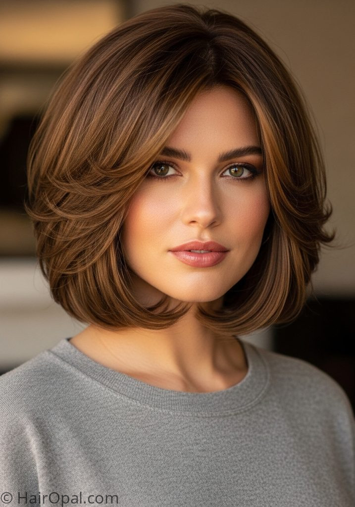 Woman with medium short layered bob medium short haircuts for women over 60 layers
