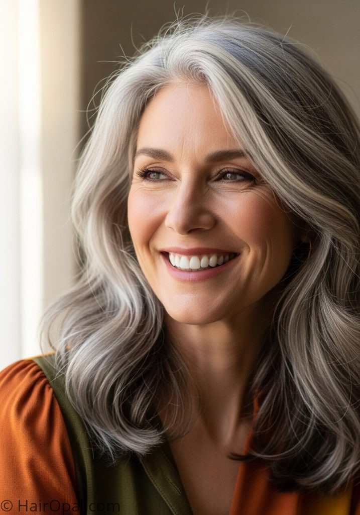 Woman with natural grey waves medium length haircuts for women over 60 wavy curly