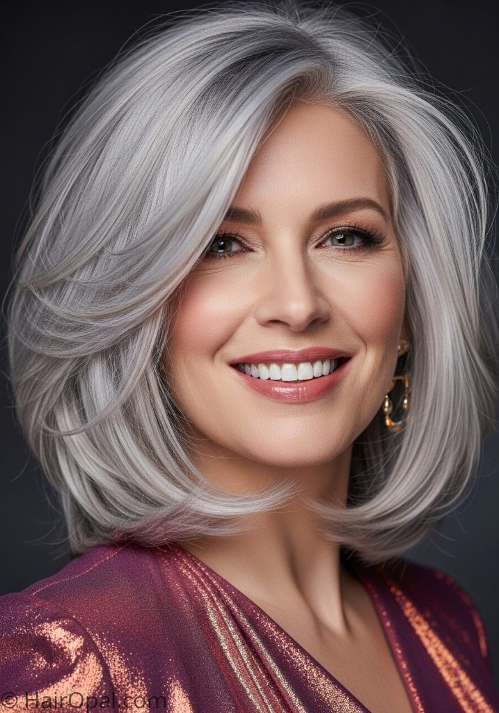Woman with silver lob layers medium layered haircuts for women over 60 shoulder length