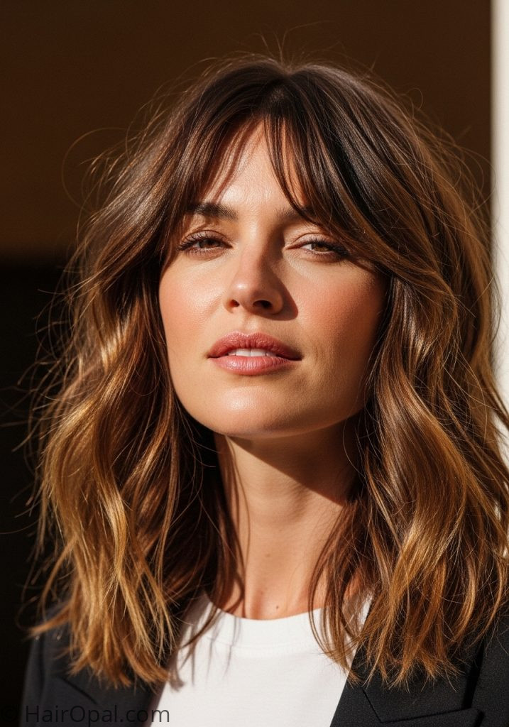 Woman with wavy curtain bangs medium haircuts for women over 60 wavy layered