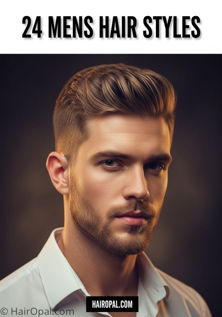 Man with textured crop haircut with text 24 mens hair styles