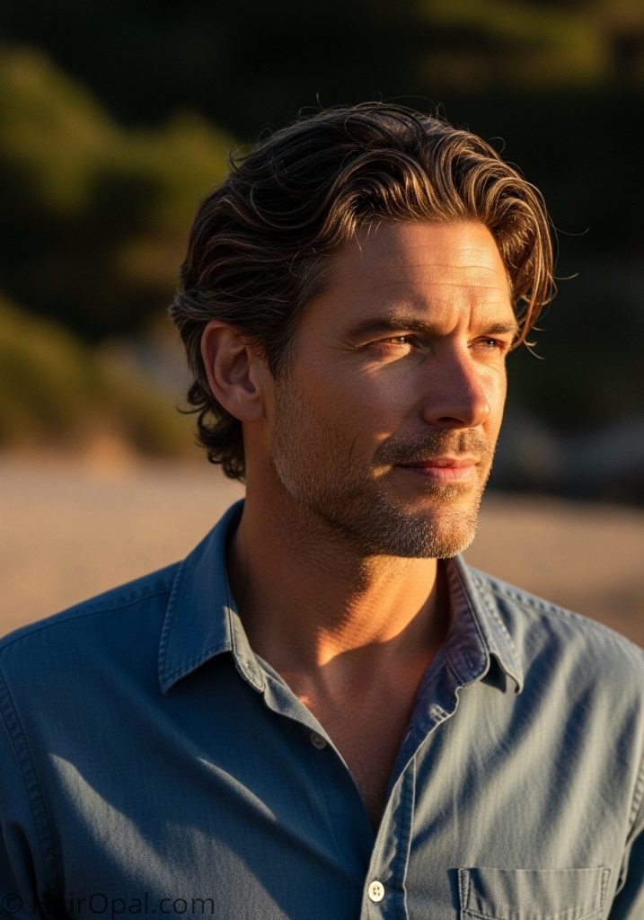 Man with textured waves mens hair styles medium length curly