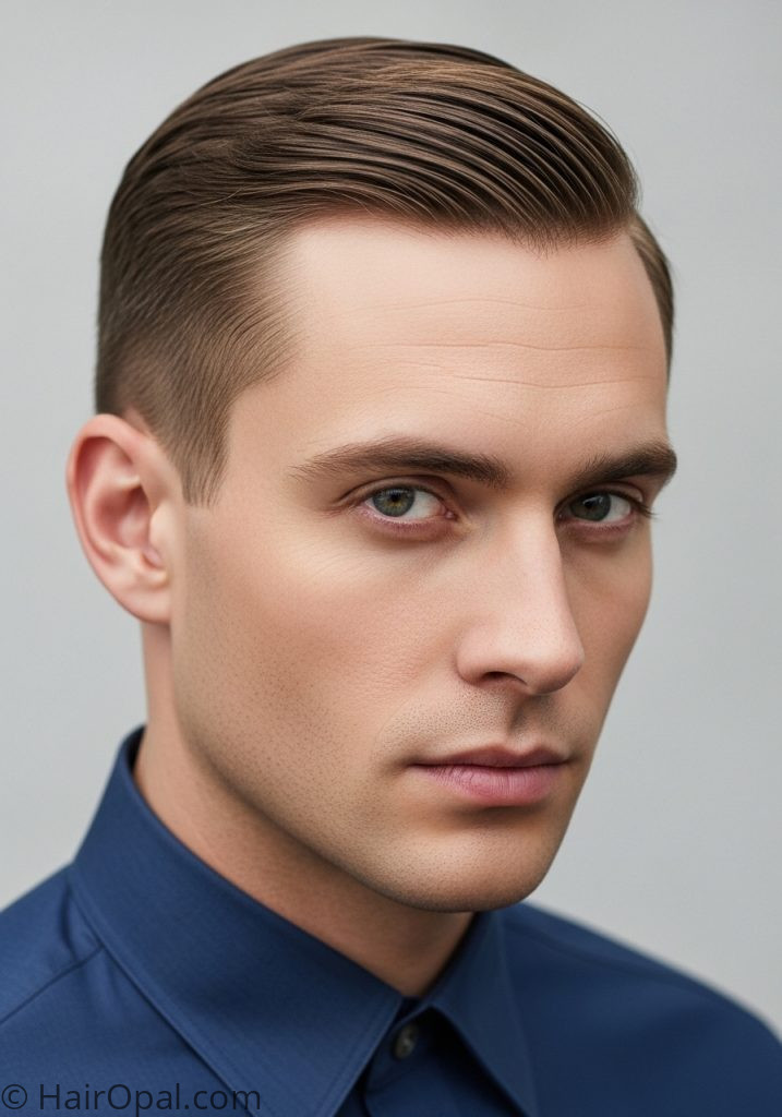 Man with sleek side part short straight hair mens short hairstyles straight hair no fade