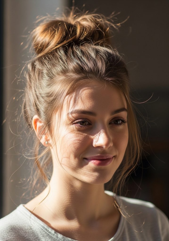 Girl with messy bun updo hairstyle for school, quick and effortless everyday look