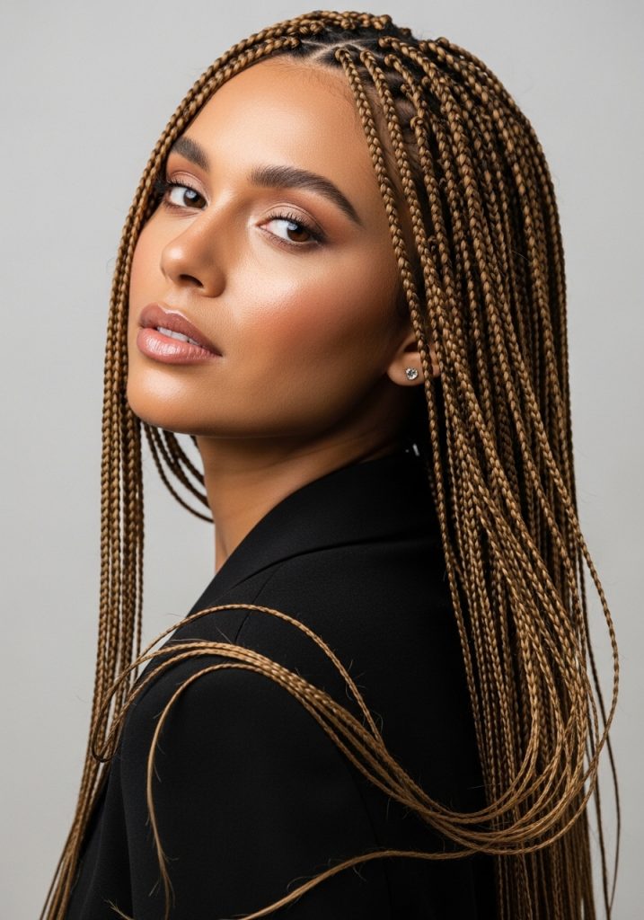 : Woman with micro braids hairstyle, tiny thin braids with incredible movement