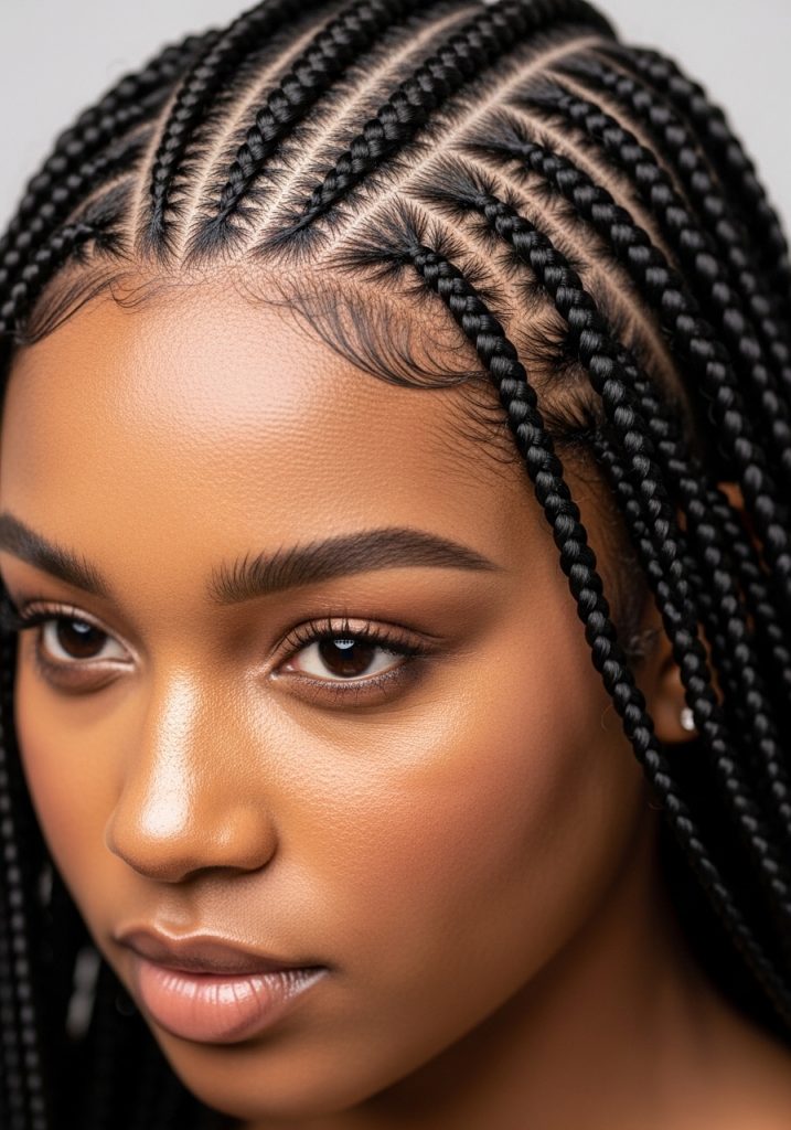 Woman with micro cornrow hairstyles, tiny detailed rows covering the entire head