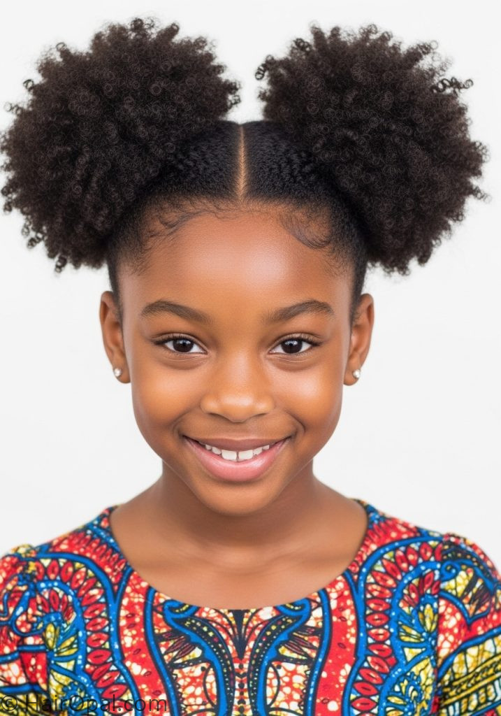 Young Black girl with natural hair space buns natural hairstyles for black women kids