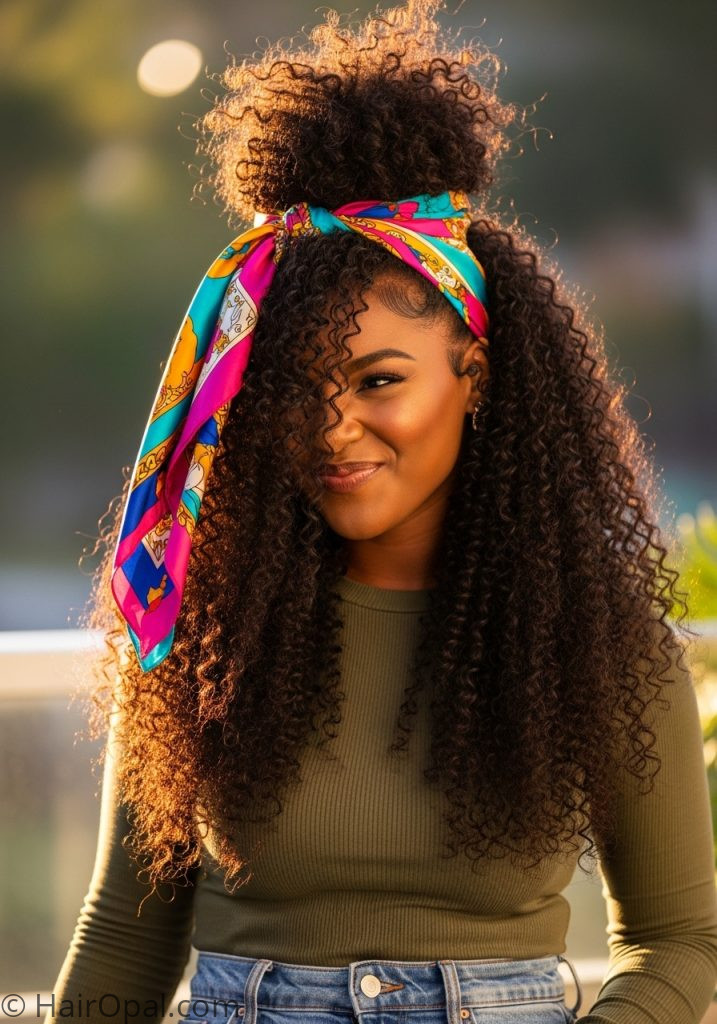 Black woman with pineapple and satin scarf natural hairstyles for black women easy curly