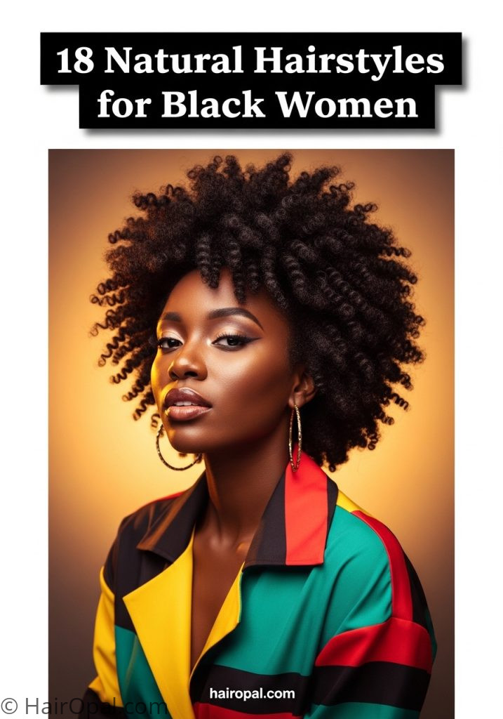 Black woman with natural twist out hairstyle with text 18 natural hairstyles for black women