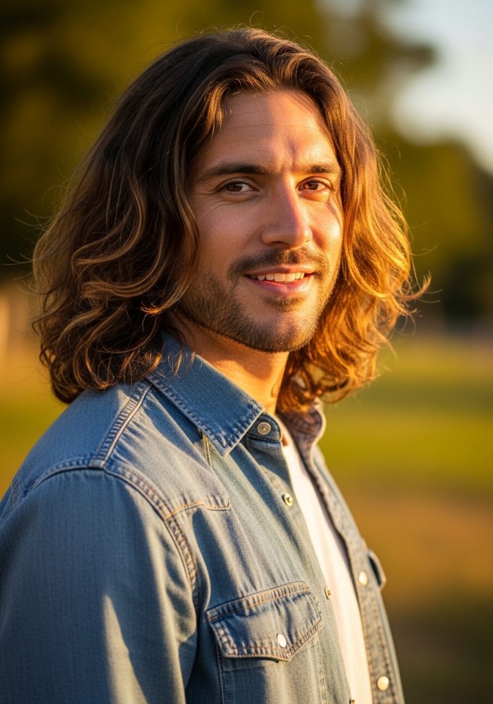 Man with long hair natural highlights gents long hair style, sun kissed look 2026