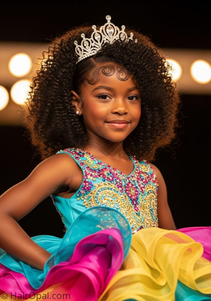 Young Black girl with natural curls pageant hairstyles for black kids natural hair