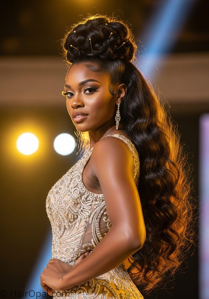 Black woman with blowout half up pageant hairstyles black women half up down