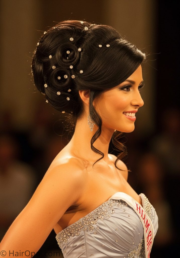 Woman with classic updo crystal pins pageant hairstyles updo for long hair