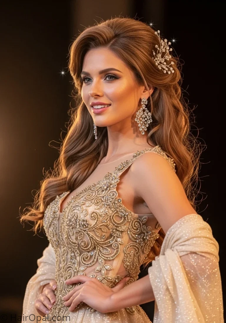 pageant hairstyles woman with soft updo crystal pins long hair glamorous stage