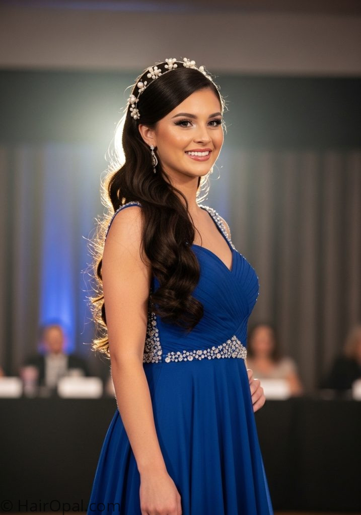 Woman with half up half down pageant hairstyles half up half down for teens long hair