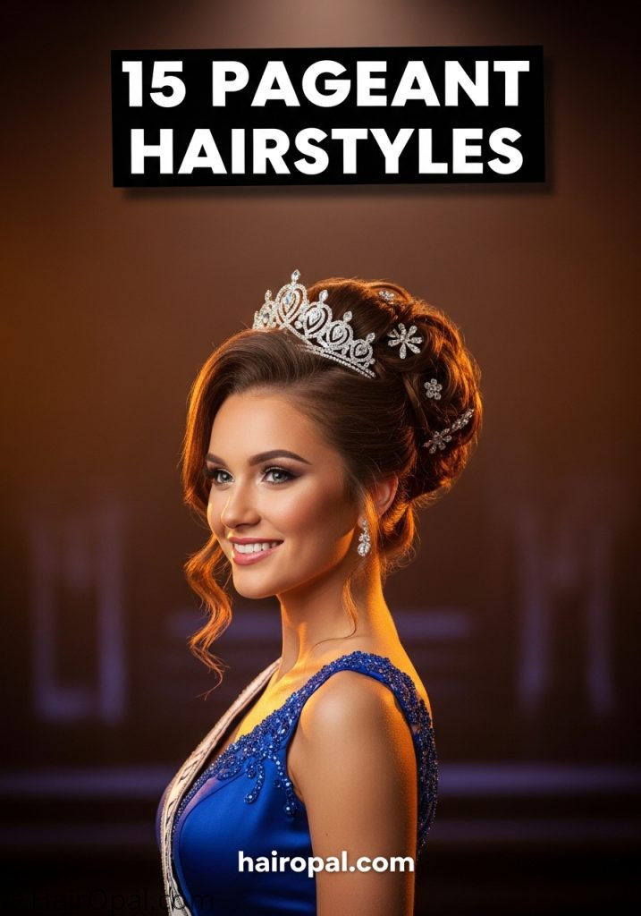 Woman with glamorous pageant updo tiara crown with text 15 pageant hairstyles