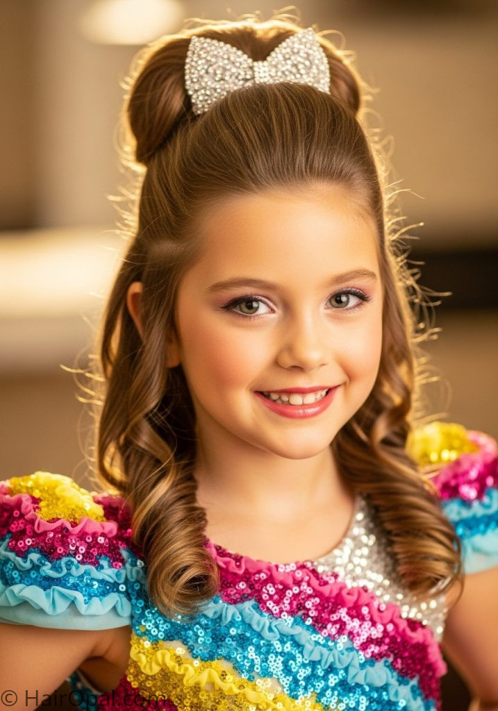 Young girl with half up curls pageant hairstyles for kids half up down