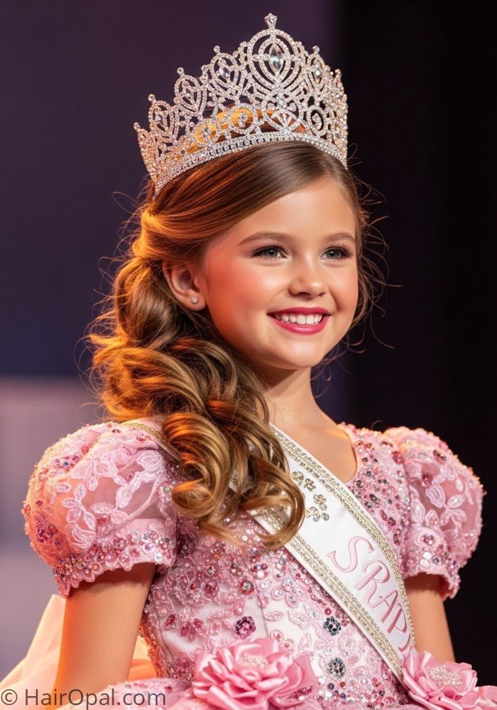 Young girl with tiara half up ringlets pageant hairstyles for kids half up down