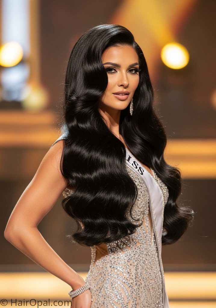 Woman with long glamour waves pageant hairstyles down for long hair