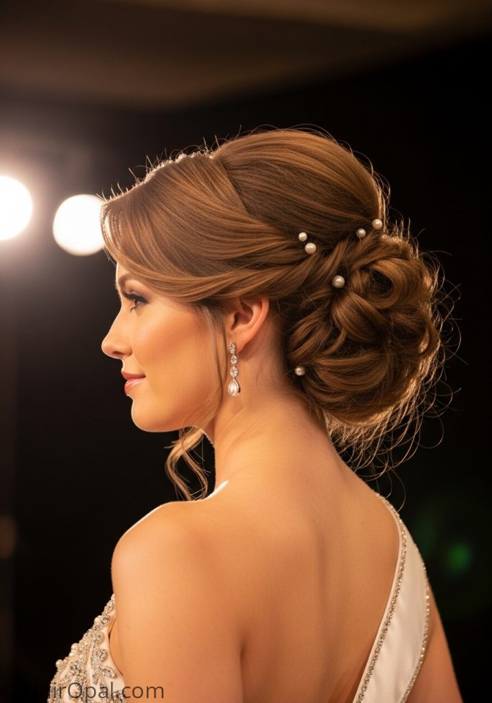 Woman with soft romantic updo pageant hairstyles for short hair medium updo half up