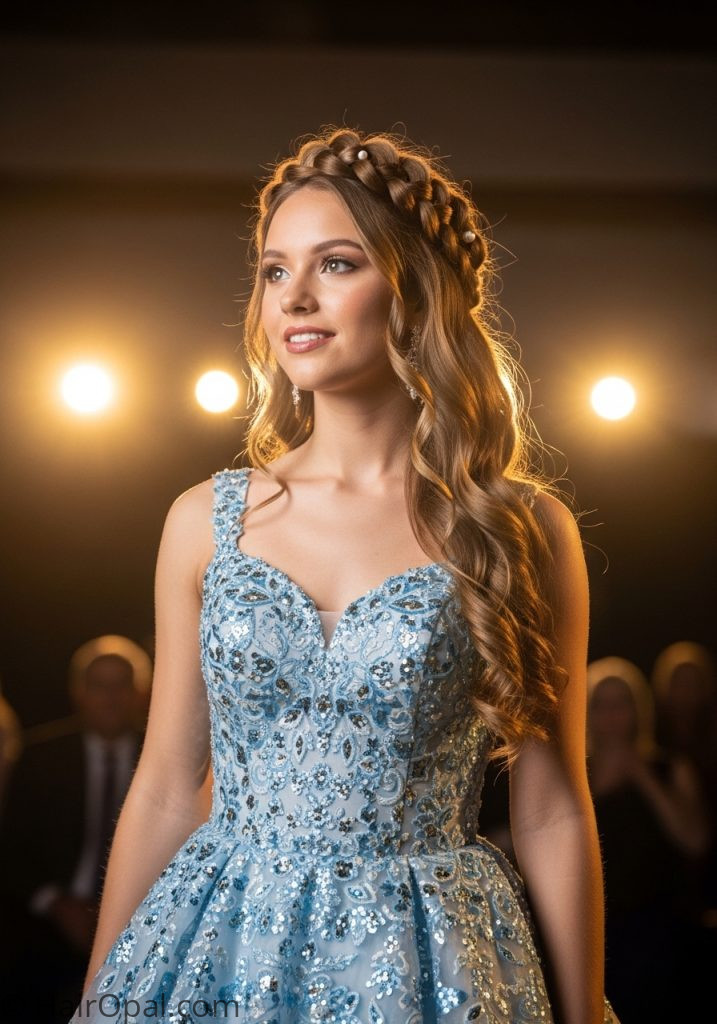 Woman with braided crown loose curls pageant hairstyles for teens half up down braids
