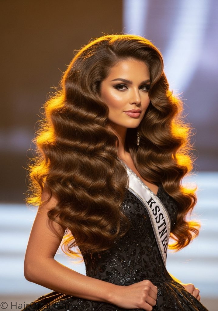 Woman with voluminous curls down pageant hairstyles down for long hair black women