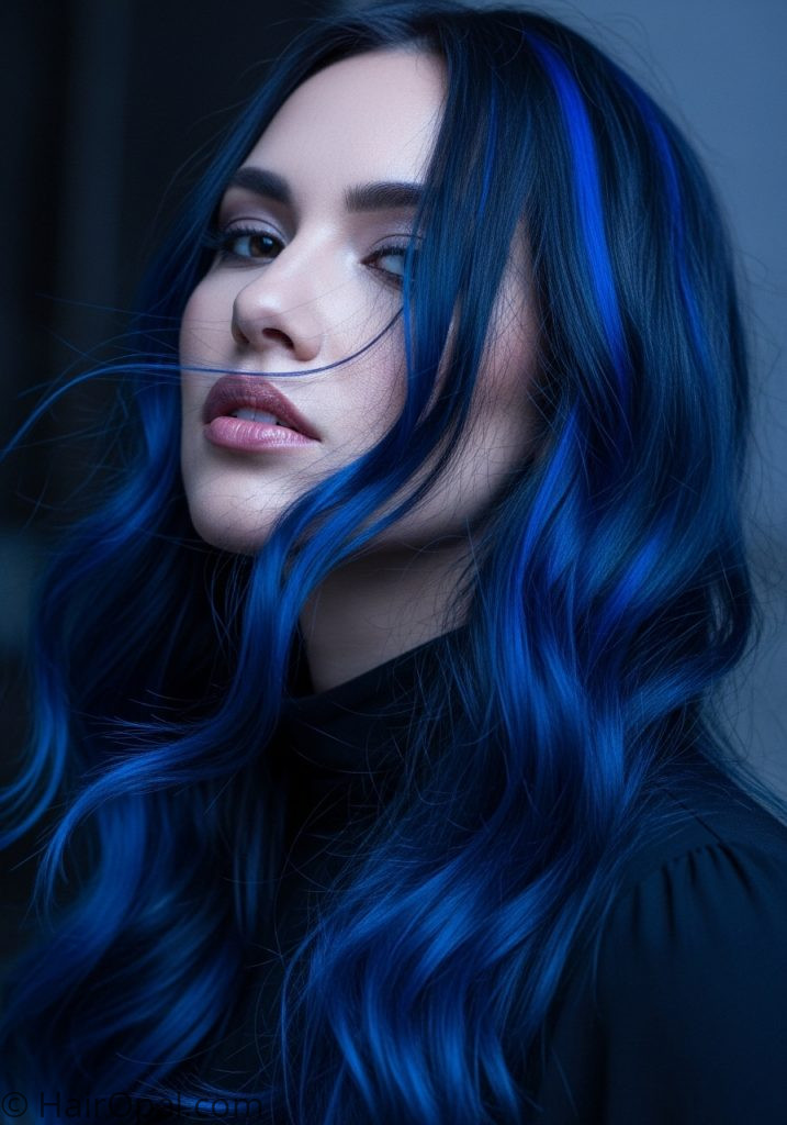  Woman with blue peekaboo dark hair peekaboo hairstyles blue ideas