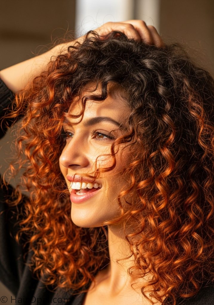 Woman with curly hair peekaboo copper color peekaboo hairstyles curly hair ideas