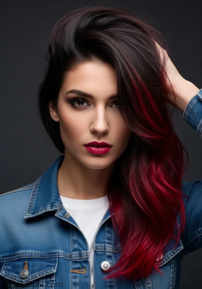 peekaboo hairstyles woman with dark brown hair revealing red underlayer hidden color