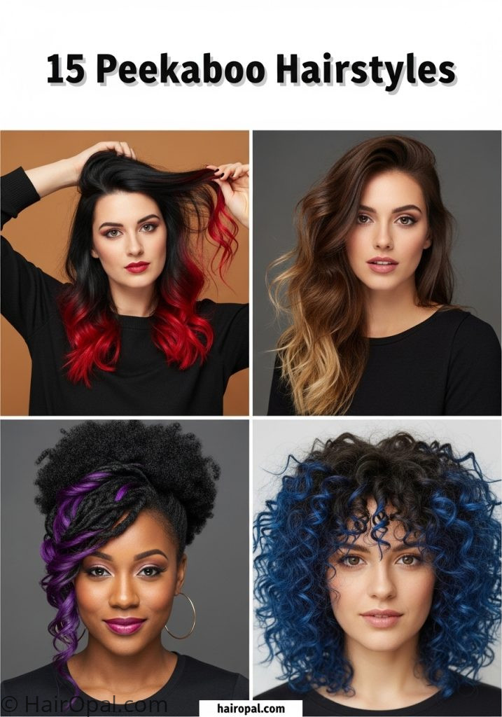 Collage of four peekaboo hairstyles hidden color looks with text 15 peekaboo hairstyles