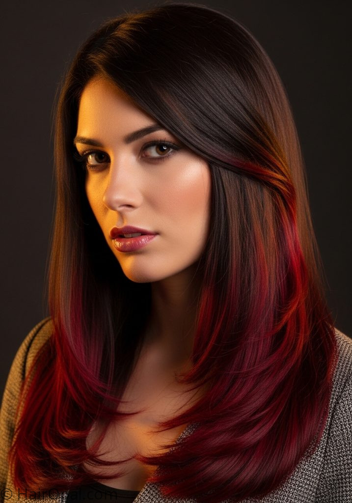 Woman with red peekaboo under dark brown hair peekaboo hairstyles red brown