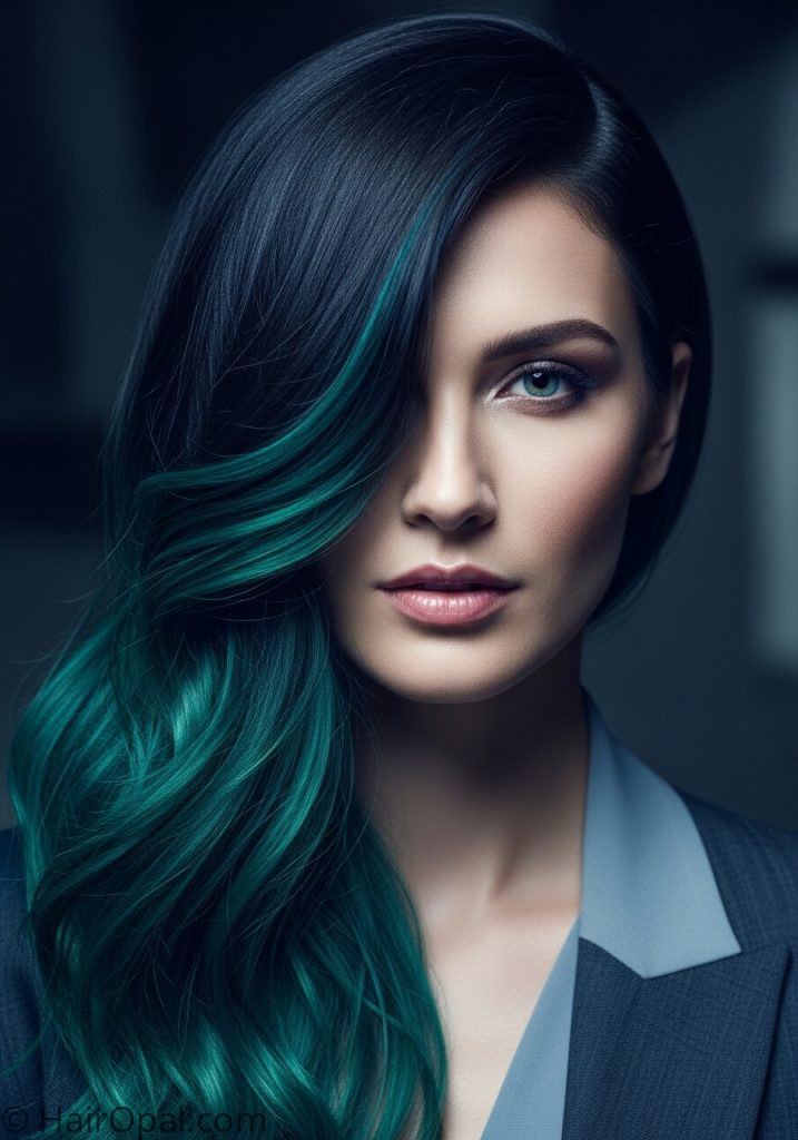 Woman with teal peekaboo dark hair peekaboo hairstyles blue ideas