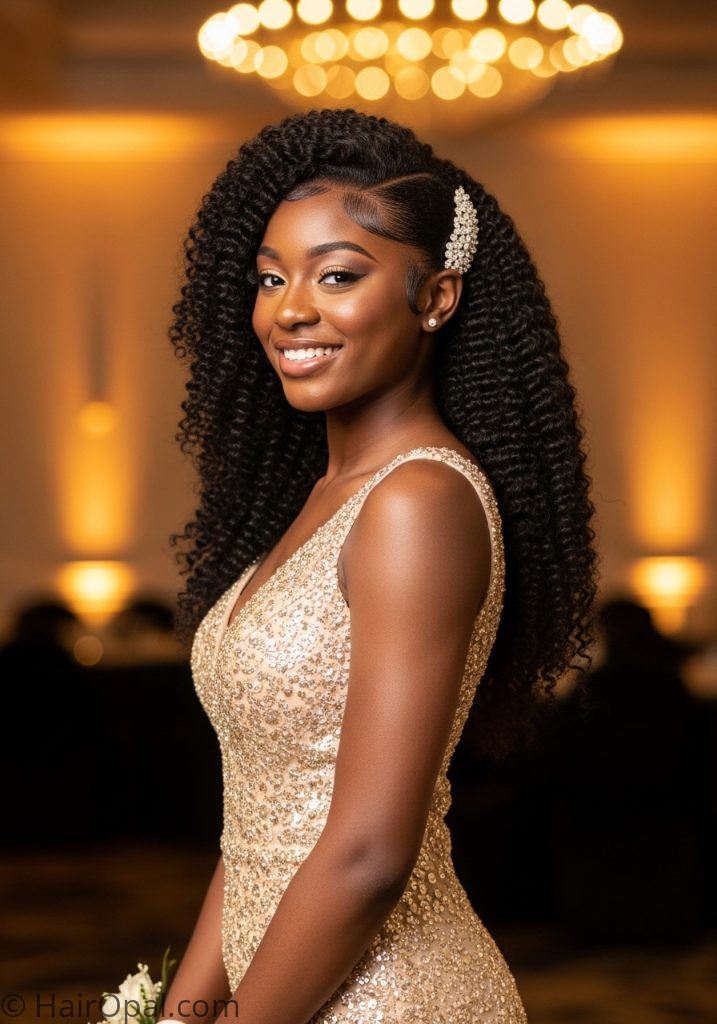 Black young woman with blowout natural hair down jeweled clip prom hairstyles for black women down natural classy