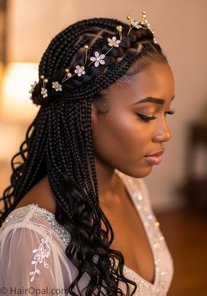  Black young woman with boho braid crown crystals prom hairstyles for black women braids natural elegant
