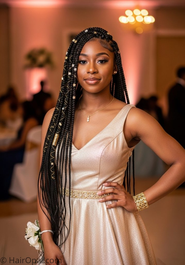 Black young woman with box braids crystals gold cuffs prom hairstyles for black women braids elegant down