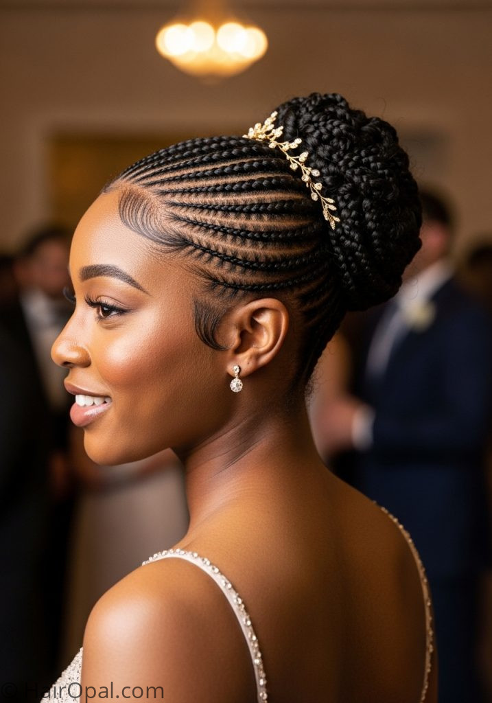 Black young woman with cornrow updo gold accessories prom hairstyles for black women updos braids classy