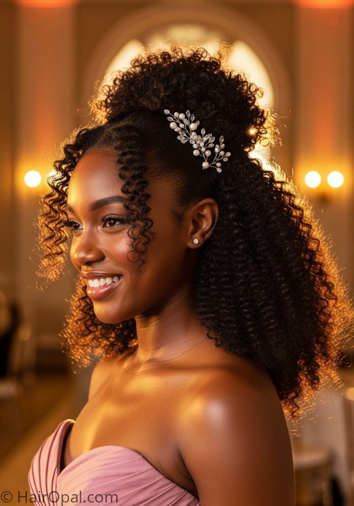 Black young woman with natural half up curls pearl pins prom hairstyles for black women half up natural elegant