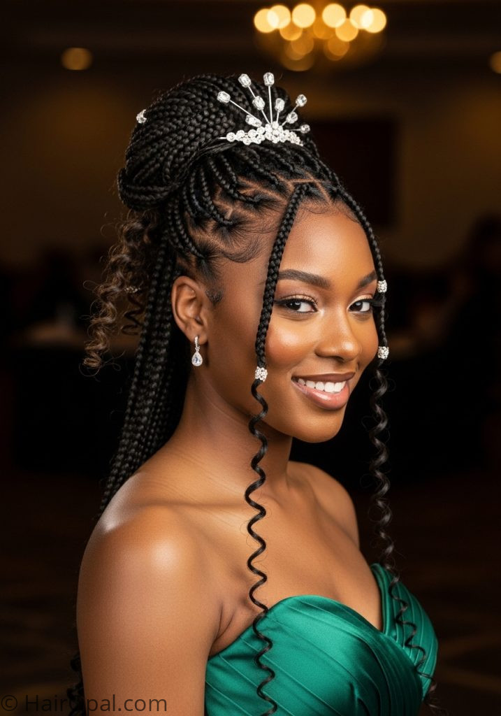Black young woman with knotless braids prom updo crystals prom hairstyles for black women braids updos elegant