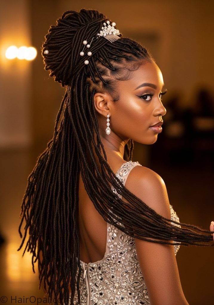Black young woman with locs half up pearl comb prom hairstyles for black women locs half up elegant classy